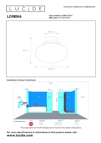 Lucide LORENA - Flush ceiling light Bathroom - Ø 23 cm - 1xE27 - IP44 - Opal - technical